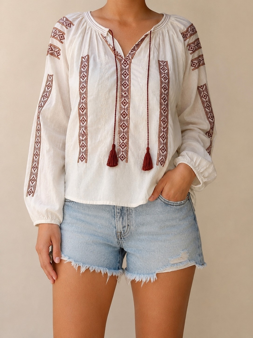NWT American Eagle Outfitters Embroidered Boho Peasant Blouse Small Ivory Boho